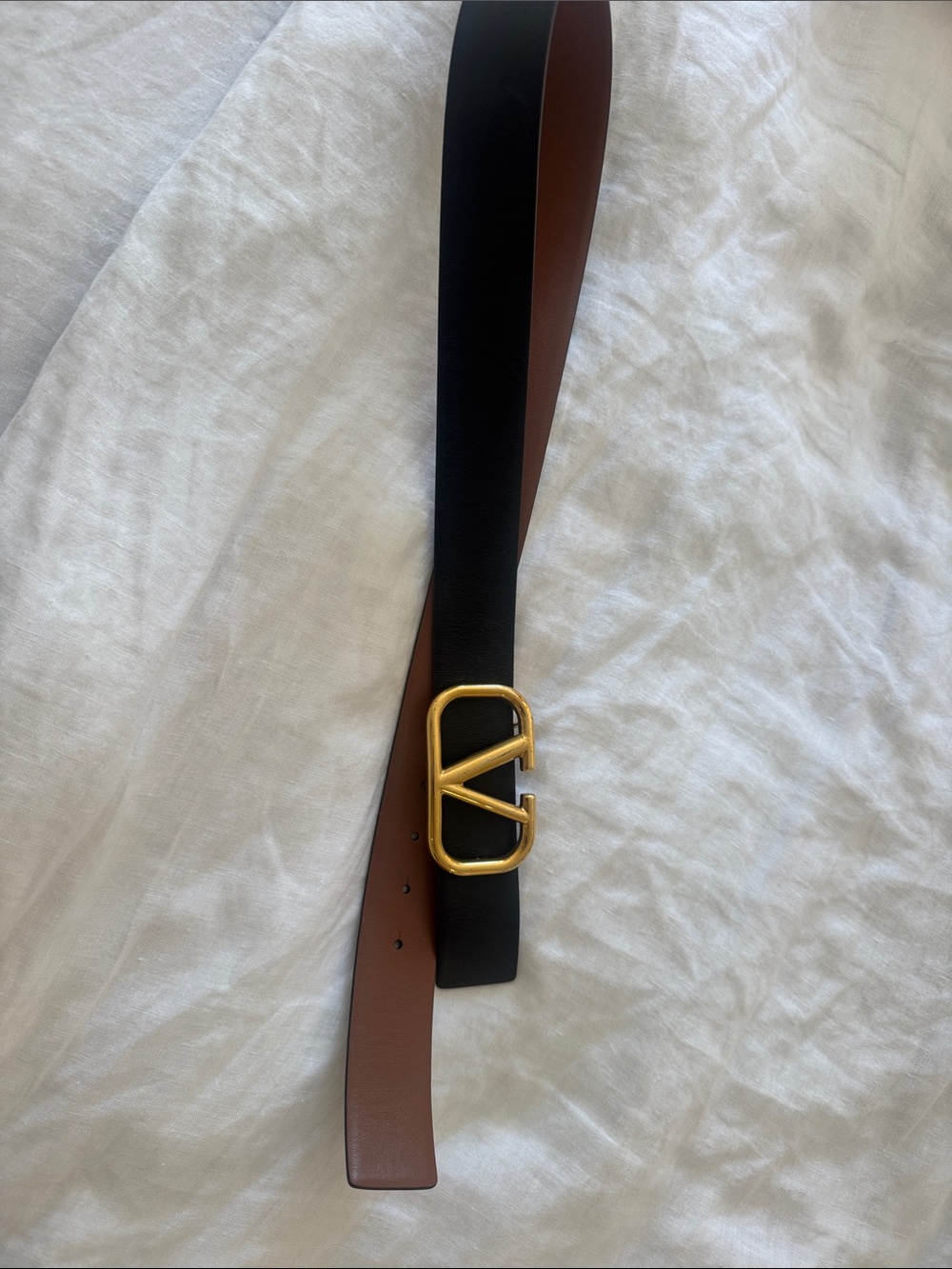 Valentino Reversible Black and Brown Leather Belt with Gold V Logo Buckle